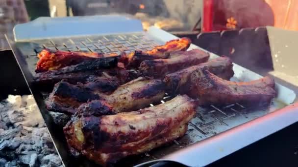 Bbq Marinated Smoked Pork Spareribs Hot Charcoal Gril High Quality — Videoclip de stoc