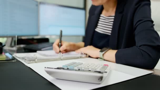 Close View Woman Accountant Working Using Calculator Make Payments Line — Vídeos de Stock