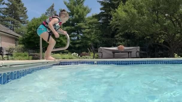 Little Happy Girl Jumping Pool Slow Motion High Quality Footage — Stock Video