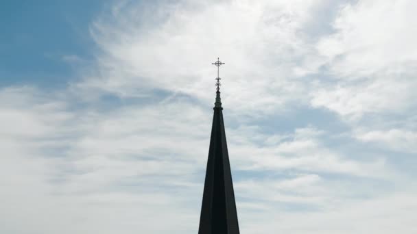 Towering Spires Top Catholic Church Countryside Background Drone Orbit Fly — Αρχείο Βίντεο