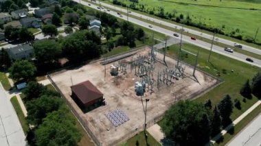 Power transformer on swirchyard of modern electricity production substation. Drone view. High quality 4k footage