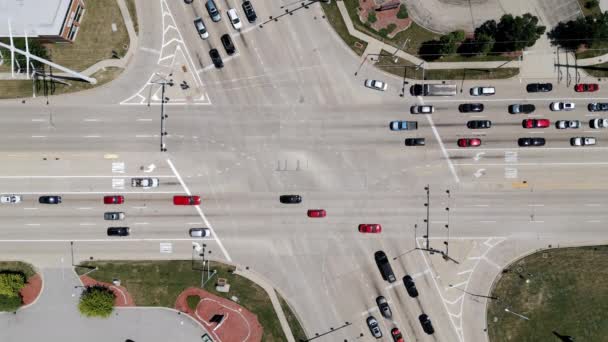 Aerial Drone View Intersection Roads Suburb Cars Drive Different Directions — Stok video