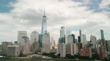 Aerial view over lower Manhattan. The drone orbiting the buildings. . High quality 4k footage