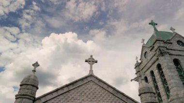 Aerial view of elements Church Steeple Christianity with Clouds on Blue Sky. High quality 4k footage