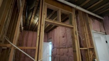 Thermal insulation frame house in process of construction. High quality 4k footage