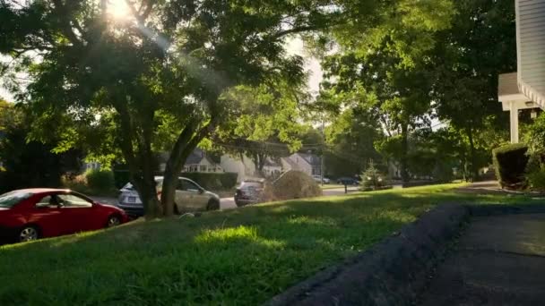 Rotating Sprinkler Watering Fenced Yard Passing Sun Sunset Suburbs High — Vídeo de stock