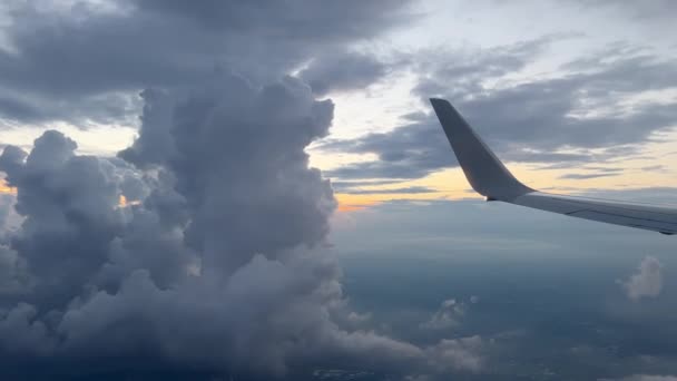 Wing Flying Soft Fluffy Clouds Airplane Seen Passenger Porthole High — Video Stock