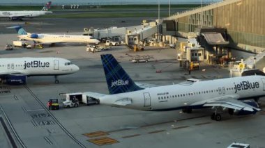 Airplane being preparing ready for takeoff in international airport. High quality 4k footage