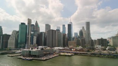 Aerial view over lower Manhattan. The drone orbiting the buildings. . High quality 4k footage