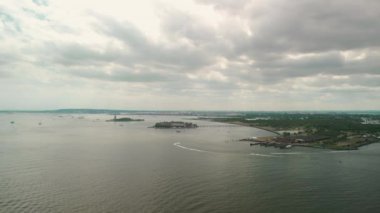 Aerial view over lower Manhattan. The drone orbiting the buildings. . High quality 4k footage