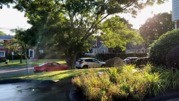 Rotating Sprinkler Watering Fenced Yard Passing Sun Sunset Suburbs High — Stock Video