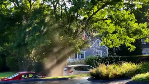 Rotating Sprinkler Watering Fenced Yard Passing Sun Sunset Suburbs High — Stockvideo