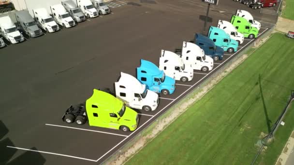 Aerial View Trucks Stand Parking Lot Top View Move Camera — Stock Video