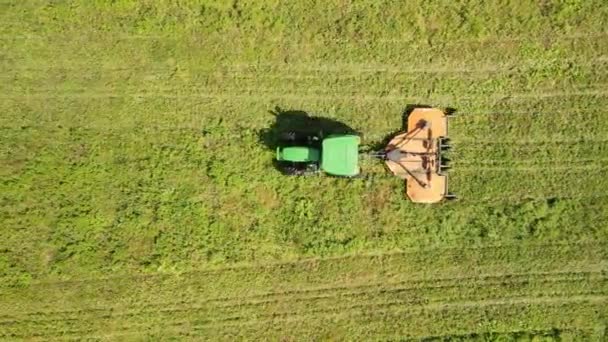 Luchtfoto Van Tractor Het Veld Maait Gras Hoge Kwaliteit Beeldmateriaal — Stockvideo