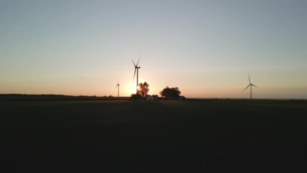 Luftaufnahme Eines Windparks Mit Windrädern Die Bei Sonnenuntergang Einem Weizenfeld — Stockvideo