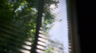 Pencereden süzülen güneş perdeleri kapanır. Ağır çekim. Yüksek kalite 4k görüntü