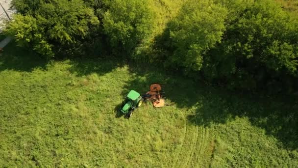 Luchtfoto Van Tractor Het Veld Maait Gras Hoge Kwaliteit Beeldmateriaal — Stockvideo