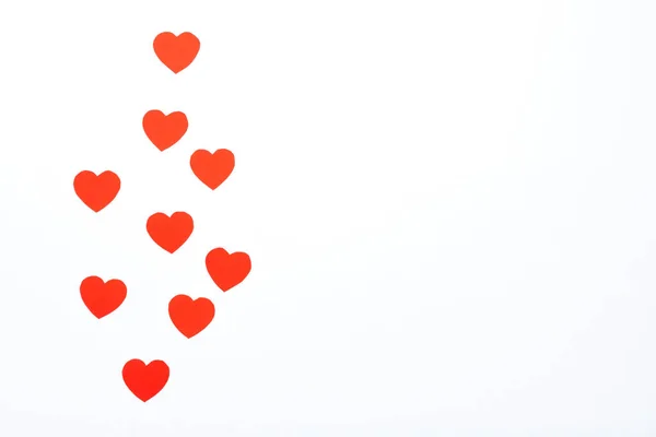 Piros Szívek Papírból Fehér Háttérrel Első Látásra Valentin Nap Szerelem — Stock Fotó