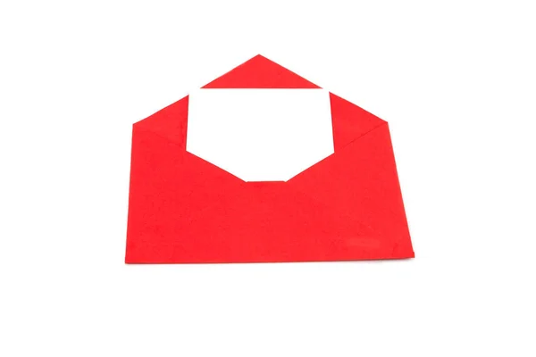 Czerwona Koperta Białą Kartką Papieru Białym Tle Izolacja Obraz Stockowy