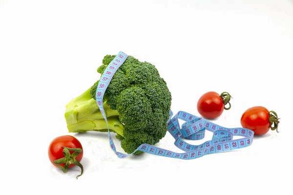 Fresh Broccoli Tomatoes White Background Healthy Food Concept Vegetarianism Veganism — Stock Photo, Image