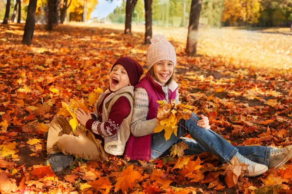 Happy Boy Girl Laughing Background Autumn Leaves Park Family Having Imagen de archivo