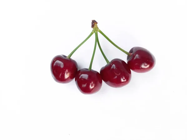 Isolated Cherries Three Flying Cherry Fruits Isolated White Background Clipping — Fotografia de Stock