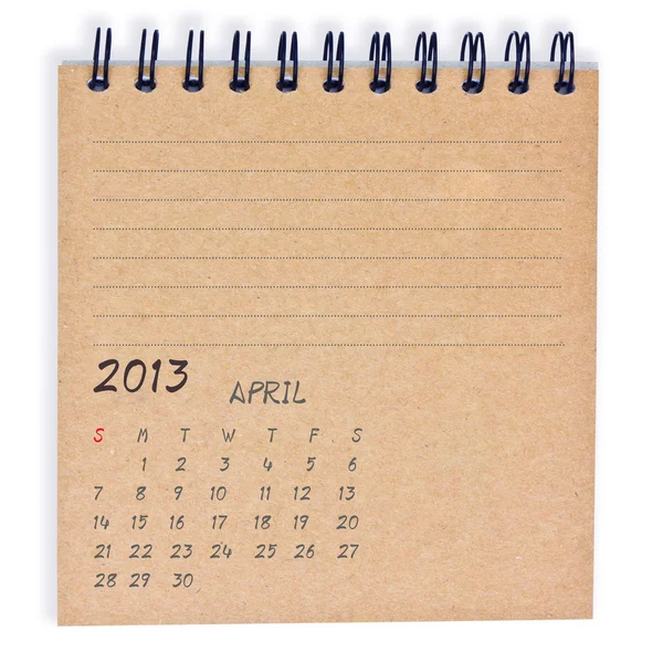 April 2013 kalender recycly notebookpapier — Stockfoto