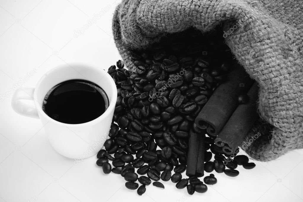  cup of coffee, and cinnamon, coffee beans