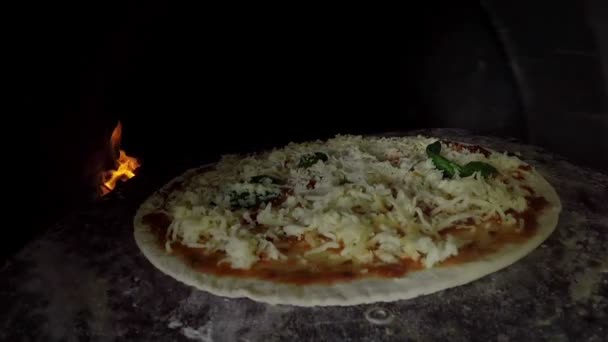 Рука повара-пекаря, готовящего пиццу на кухне — стоковое видео