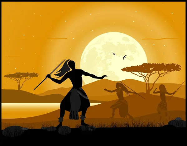 Fondo paisaje de África. Cazadores africanos y salida de la luna — Vector de stock