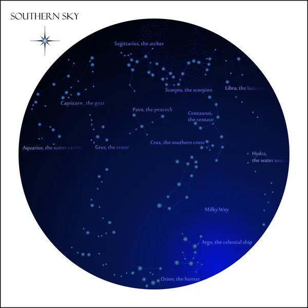 Mapa de estrellas, constelaciones del cielo del sur — Vector de stock