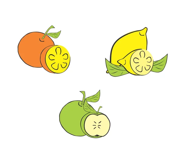 Ilustração vetorial de laranja, limão e maçã verde — Vetor de Stock