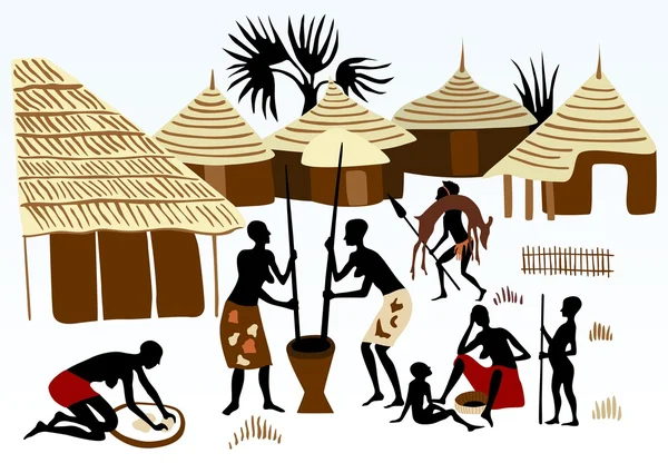 Fondo de paisaje de África. cazador, vida de familia africana — Διανυσματικό Αρχείο