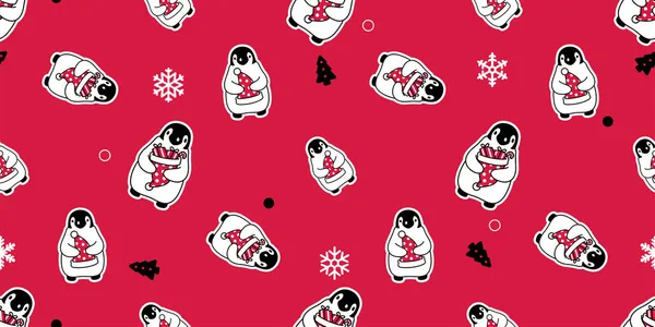 ペンギンのシームレスなパターンクリスマスツリーベクトルサンタクロース雪の結晶誕生日漫画の繰り返し壁紙タイルの背景ギフト包装紙ポルカドットイラストスカーフ孤立デザイン — ストックベクタ