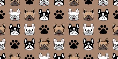 Köpeğin kusursuz desenli Fransız buldog vektör pençesi yavru köpek yavrusu çizgi film karalaması tekrar duvar kağıdı karo çizim tasarımı izole edildi