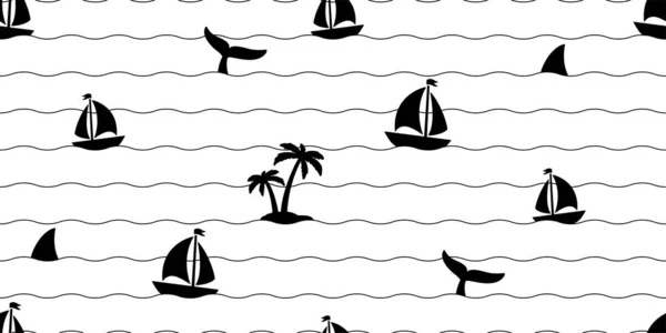Boot Nahtlose Muster Vektor Welle Palme Kokosnuss Insel Hai Anker — Stockvektor