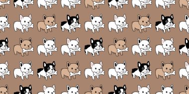 Köpek desensiz, buldog kemikli, köpek yavrusu yiyen köpek yavrusu yiyen çizgi film karakteri. Duvar kağıdı izole edilmiş karo karalama çizimi, kahverengi ataç tasarımı.