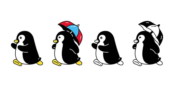 Penguin Vector Bird Icon Umbrella Raining Logo Cartoon Character Doodle — Stok Vektör