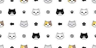 Kedisiz desenli kedi yavrusu, yavru kedi, Calico Neko surat, çizgi film karakteri, iplik yumağı, fayans, duvar kâğıdı, hayvan karalama, tasarım eşarp izole edilmiş.