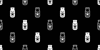 Köpek patisi desensiz ayak izi şişesi süt kedisi yavru kedi yavru kedi yavru buldog yavru köpek çizgi film karakteri karalama tekrar duvar kağıdı karo tasarımı izole edildi