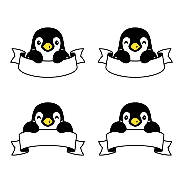 Pinguino Vettore Uccello Icona Nastro Logo Cartone Animato Personaggio Doodle — Vettoriale Stock