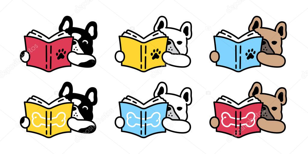 dog vector french bulldog icon book reading bone puppy character cartoon pet symbol isolated tattoo stamp clip art illustration design