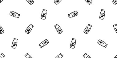 Köpek patisi desensiz ayak izi şişesi, kedi sütü, yavru kedi, Calico vektör, buldog eşarbı izole edilmiş. Duvar kâğıdı döşeme arka plan evcil köpek yavrusu çizgi film çizimi çizim tasarımı.