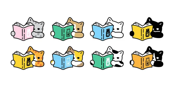 Gato Vector Icono Gatito Calico Libro Lectura Logo Crianza Dibujos — Vector de stock