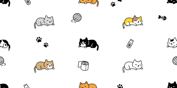 Cat Seamless Pattern Kitten Calico Sleeping Vector Neko Breed Paw — Vector de stock