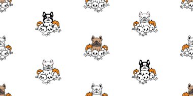 dog seamless pattern french bulldog Halloween pumpkin skull bone vector cartoon spooky puppy pet tile background gift wrapping paper scarf isolated repeat wallpaper doodle character illustration desig