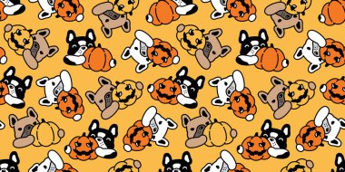 dog seamless pattern french bulldog pumpkin Halloween jack o lantern vector cartoon character spooky puppy pet tile background gift wrapping paper scarf isolated repeat wallpaper doodle illustration d