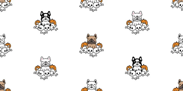 Dog Seamless Pattern French Bulldog Halloween Pumpkin Skull Bone Vector —  Vetores de Stock