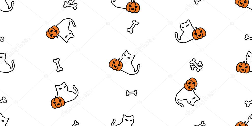cat seamless pattern pumpkin Halloween bone skull vector kitten calico tile background scarf isolated gift wrapping paper repeat wallpaper cartoon lamp illustration design