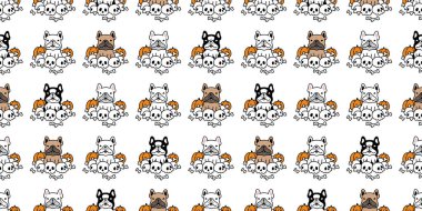 Köpeğin kusursuz desenli Fransız buldog kafatası Cadılar Bayramı balkabağı vektör karikatürü ürkütücü yavru köpek fayanslı arka plan hediye paketi eşarp izole edilmiş duvar kağıdı karalama karakteri çizimi